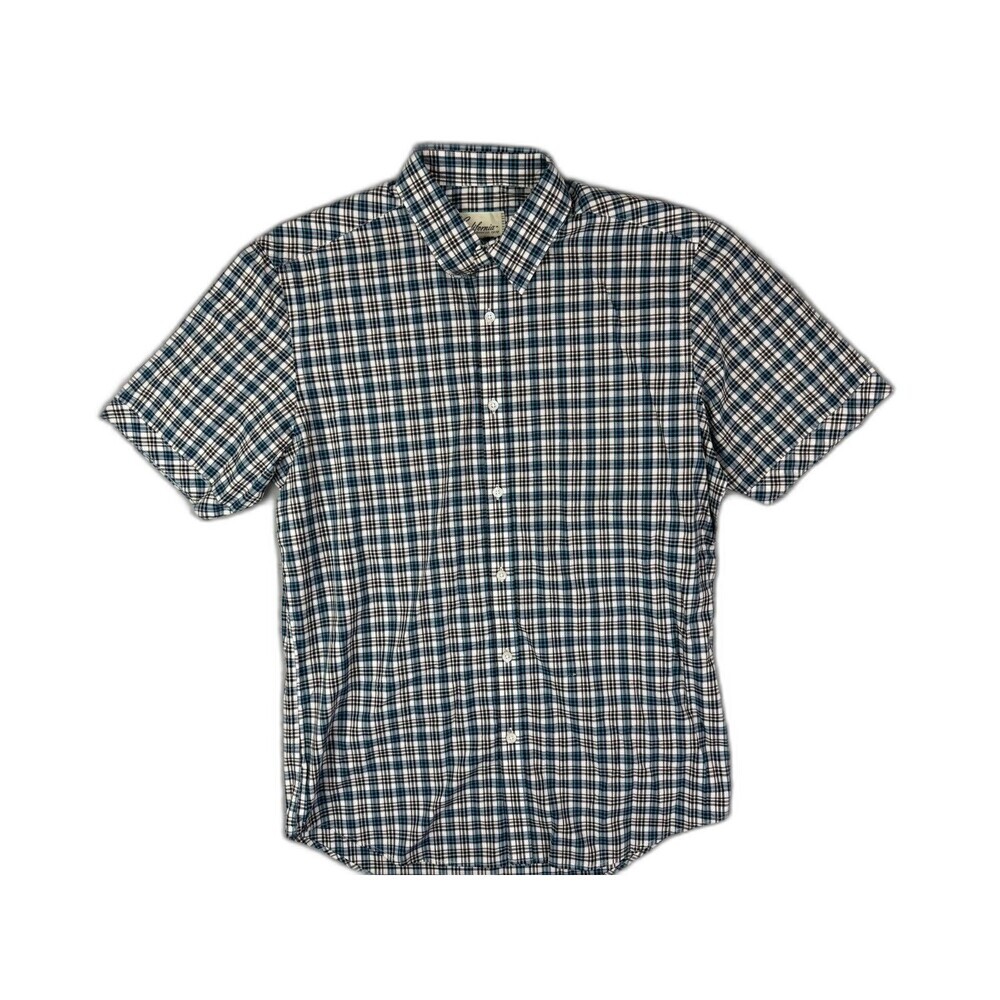 California Size M Mens Shirt Short Sleeve Button Up Blue Black Plaid
